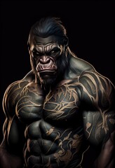 Fototapeta na wymiar muscular gorilla with tattoo on black background