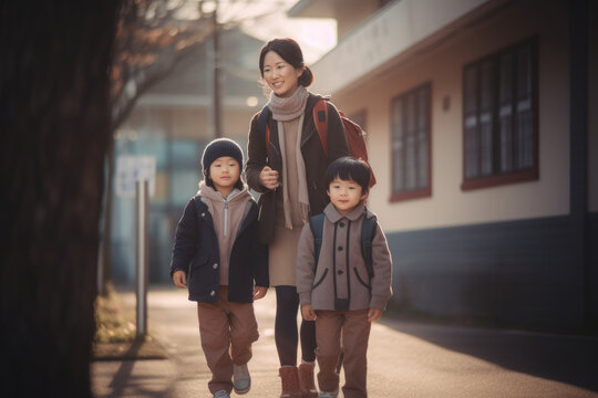Happy asian mother taking her kids to school. Generative AI.