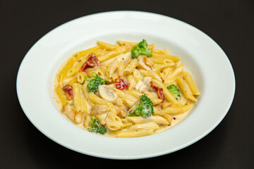 Prato de Macarrão no formato penne com molho branco italiano