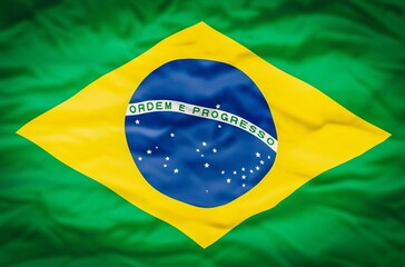 Brazil flag on a wavy fabric background. Wavy flag of Brazil fills the frame.