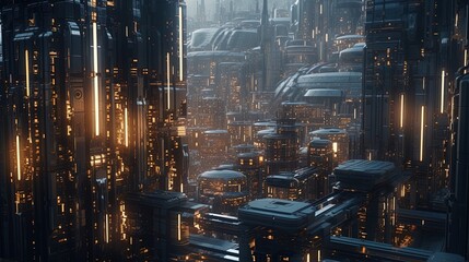 Fototapeta premium Futuristic warm mechanical skyscraper tower cityscape during twilight using generative AI 