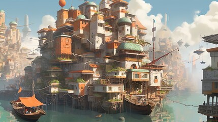 Futuristic anime fantasy cityscape utopia illustration using generative AI 