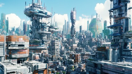 Aerial wide angle of Futuristic and mechanical cityscape utopia illustration using generative AI 
