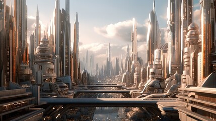 Futuristic cityscape heaven utopia with tall towers illustration using generative AI 