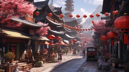 Wide angle establishing shot of ancient futuristic Asian city street during day illustration using generative AI - obrazy, fototapety, plakaty