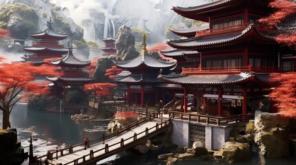 Wide angle establishing shot of ancient futuristic Asian city utopia during day illustration using generative AI