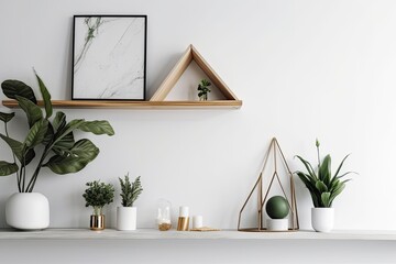 shelf with green plants against a white wall. Generative AI