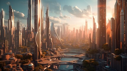Futuristic cityscape with tall towers at evening using generative AI  © Afi Jamal