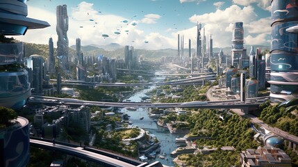 Fototapeta na wymiar Futuristic green cityscape with river utopia illustration using generative AI 