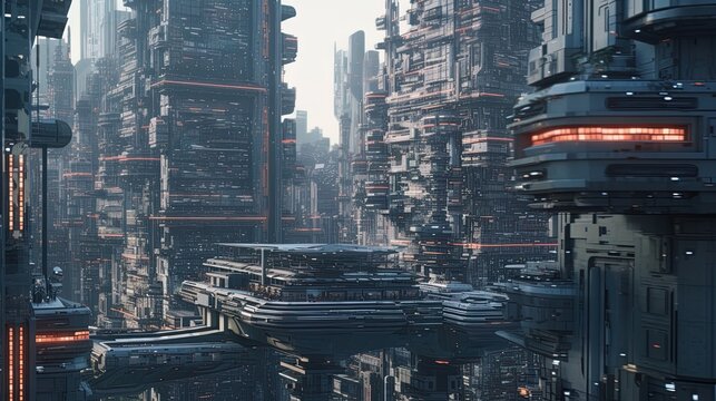 Futuristic mechanical city slums dystopia at day illustration using generative AI 
