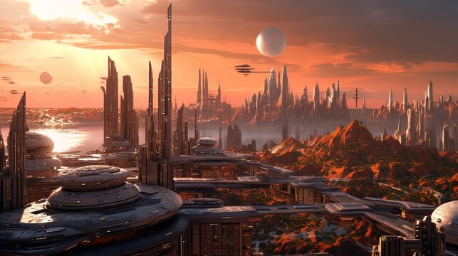 Futuristic cityscape utopia in the evening using generative AI 