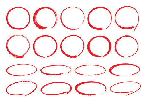 Circle material set (brush / pen) handwritten with a red pen／赤ペンで手書きした丸の素材セット（筆・ペン）