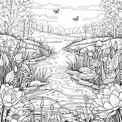 coloring page with a lake view and garden in garden for adults, in the style of dark white and light silver, whimsical illustration, characterful pen and ink, timeless artistry