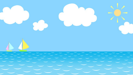 Fototapeta na wymiar 白い雲と太陽と青空とヨットが浮かんでいる海のシンプルなイラスト背景素材 