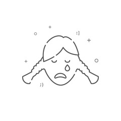 Sad crying teen girl with pigtails simple vector line icon isolated on white background. Editable stroke