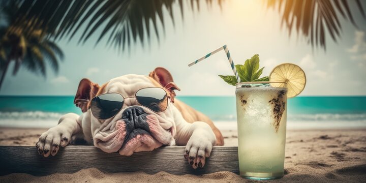 Bulldog dog is on summer vacation at seaside resort and relaxing rest on summer beach of Hawaii Generative AI