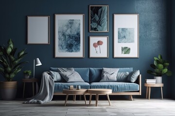 The contemporary, pleasant living room's blue background, picture frame, and wall texture. Generative AI