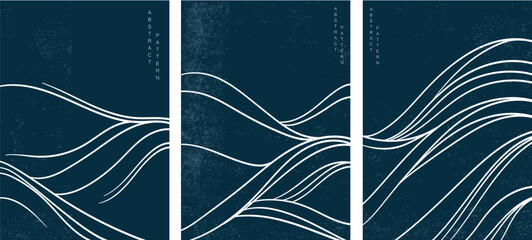 Hand drawn wave element with Japanese pattern vector. Oriental white line decoration with blue banner design, flyer or presentation in vintage style. Ocean sea elements.