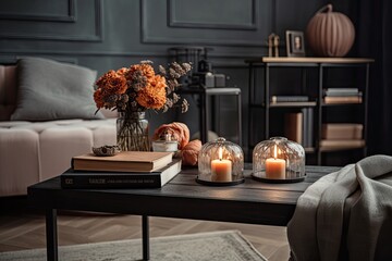 Stylish interior of a living room with books, a candle, and a pumpkin on a coffee table in black. cozy autumnal interior design. Generative AI