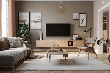 Scandinavian style living room design with a modern television cabinet and wall decorations of picture frames. Generative AI