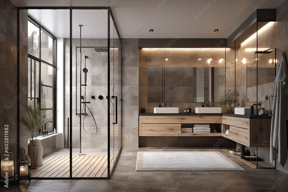 Canvas Prints Shower stall, double sinks, and tiled hardwood walls in a luxurious bathroom. an opaque wall. a mockup. Generative AI