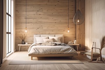 Stylish bedroom in a cozy home. timber walls. Sunshine. Idea of an apartment. Toned. a mockup. Generative AI