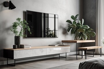 Space for a modern TV in a modern workplace or residence. Design concept with a concrete wall, wooden parquet, photo frames, a table lamp, and a plant. Generative AI