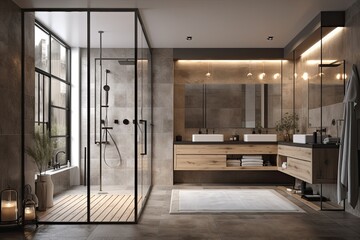 Shower stall, double sinks, and tiled hardwood walls in a luxurious bathroom. an opaque wall. a mockup. Generative AI