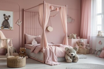 Small children's bed with pink bedding and a teddy bear in fashionable bedroom of opulent property. Generative AI