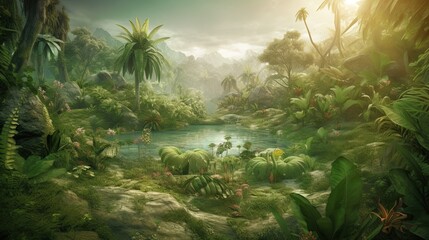 tropical verdant rainforests of 10,000 BC with towering trees and abundant wildlife. Myriad of species, from colorful birds to exotic primates, thrived in canopy and understory layers. Generative AI