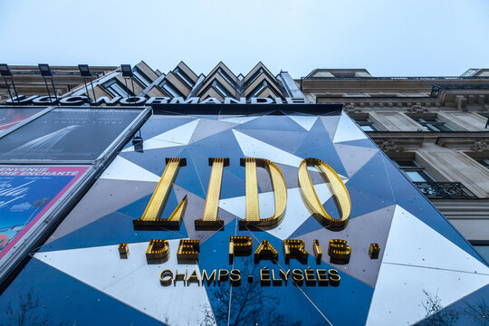 PARIS, FRANCE - DECEMBER 20, 2017: Logo of Lido de Paris club on their main building during the afternoon. Le Lido is a cabaret and burlesque show located on the Champs Elysees in Paris, FrancePictu