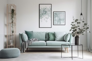 Stylish mint sofa, furnishings, mock up poster map, plants, and attractive personal accessories decorate this contemporary Scandinavian living room. interior design. interior decoration Generative AI