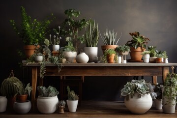 Stylish and contemporary arrangement of plants in various pots on a hardwood table with chic accents. Template. Modern living room furnishings. The color scheme of eucalyptus. domestic Generative AI