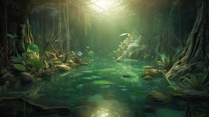 In 10000 BC, an underground water forest habitat as a complex network of subterranean rivers, lakes, cenotes and underwater trees. Adventure game background AI-generated Generative AI