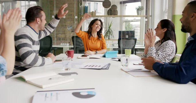High five, success or business people in meeting applause for company growth or marketing SEO target review. Diversity, motivation or happy teamwork for celebration, cheering for goal achievement