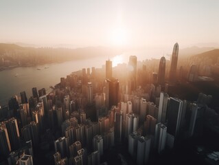 Photo of the city view from above, with natural sunlight, golden hour time. Generative ai
