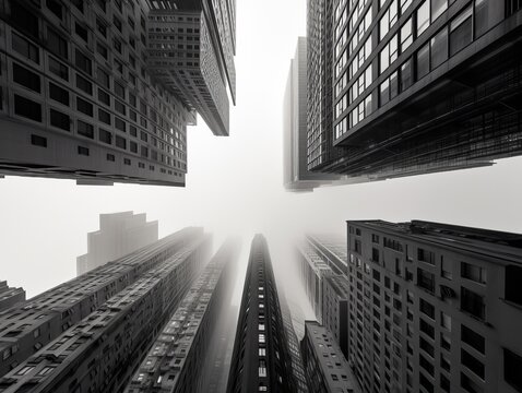 Photo of the city view from below, with natural sunlight, black and white style. Generative ai
