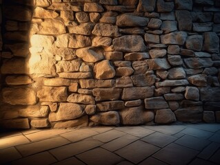 Old stone wall with yellow lights. Generative ai