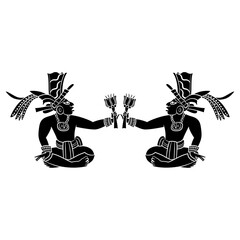 Symmetrical ethnic design with two sitting ancient Mayan men holding flowers. Native American art. Black and white silhouette.