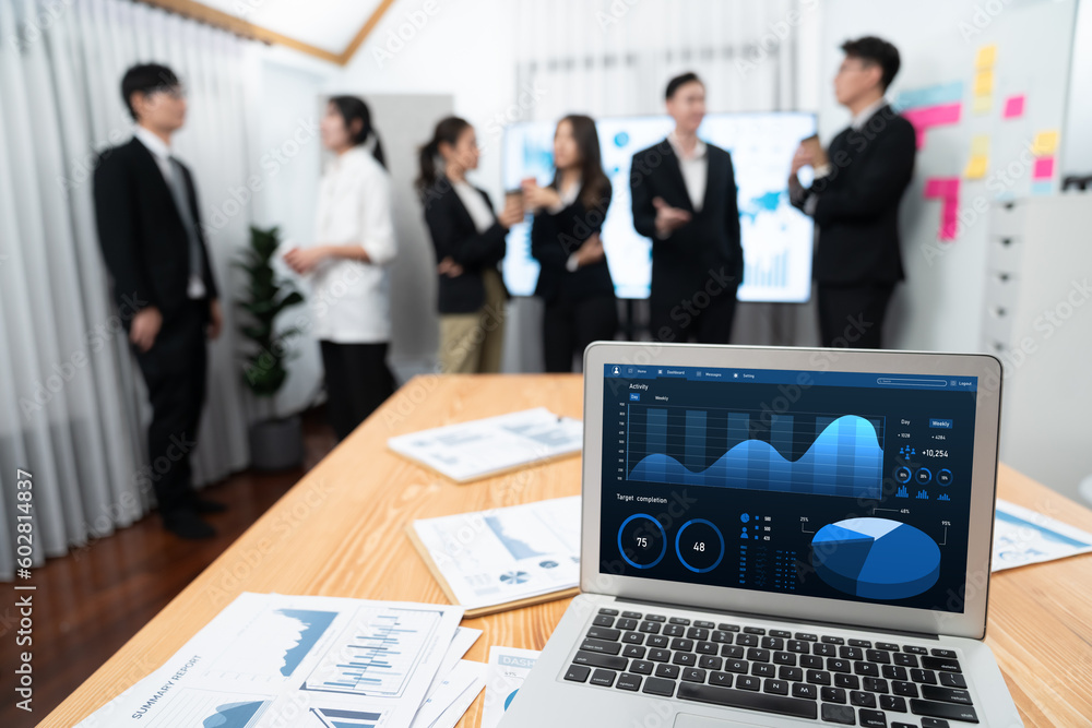 Poster focus laptop monitor display dashboard report by business intelligence, analyzed financial data for 