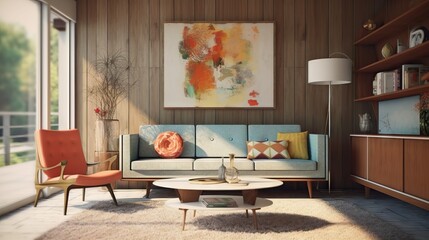 Mid century modern living room, decoration furniture minimalist and colorful. Copy space for your text, stylish background