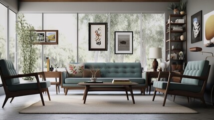 Mid century modern living room, decoration furniture minimalist and colorful. Copy space for your text, stylish background