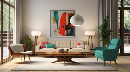 Mid century modern living room, decoration furniture minimalist and colorful. Copy space for your text, stylish background