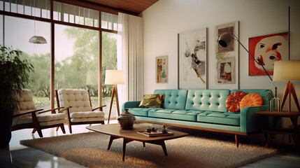 Mid century modern living room, decoration furniture minimalist and colorful. Copy space for your text, stylish background
