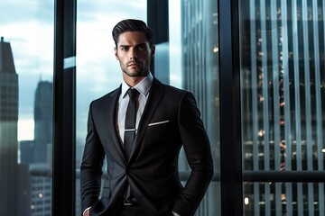 Fototapeta premium Business man young resting after a long day of trading, crypto investment, real state work concept, bull market style man
