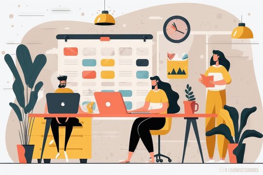 Diverse group of professionals collaborating on laptops at a modern workspace, vectorial minimalist