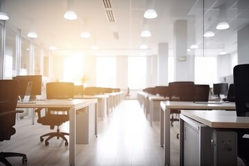 Fototapeta premium Business office without people with blurred bokeh background with copy space