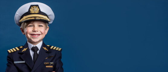 a smiling boy child dressed as a pilot's soft solid blue 
background generative ai