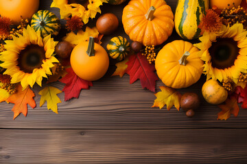 Fall background with pumpkins, sunflowers and fall leaves, generative AI