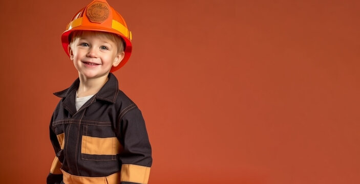 a smiling boy child dressed as a fire fighter's soft solid orange background generative ai